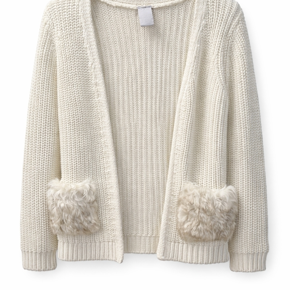 Tahari Sweater Ivory Open Front Faux Fur Pockets With Snowflake Charm.